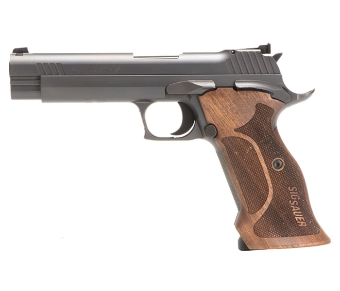 P210, 9MM, 5IN, TARGET, BLK, SAO, ADJUSTABLE SIGHTS, WALNUT GRIP, (2) 8RD STEEL MAG
