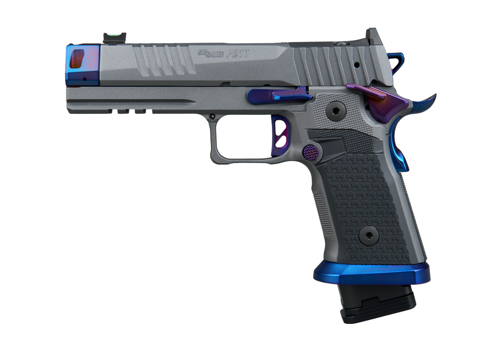 211, 9MM, 4.4IN, PLATINUM/BLUE, SAO, ALLOY GRIP, COMPENSATOR, FIBER OPTIC, (2) 21RD MAG, (1) 23RD MAG, MAGWELL