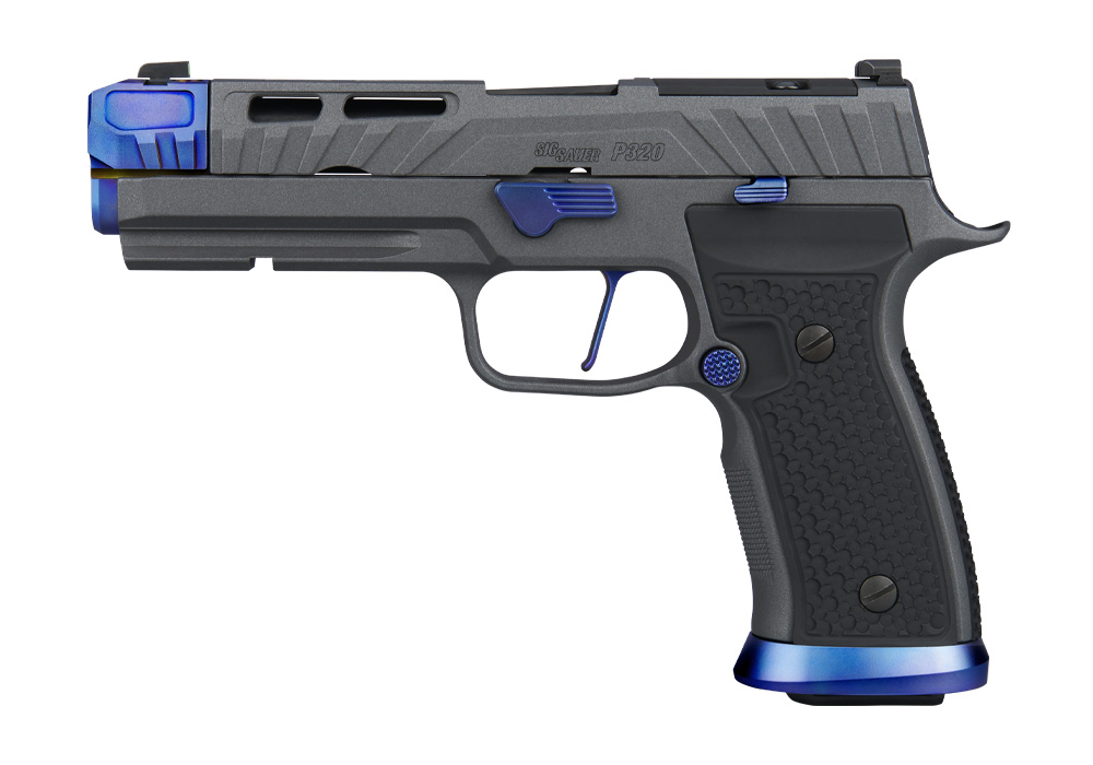 P320, 9MM, 4.6IN, SPECTRE, PLATINUM/BLUE, STRIKER, X-RAY 3, SXG, (2) 21RD MAG, OPTIC READY, COMP, MAGWELL