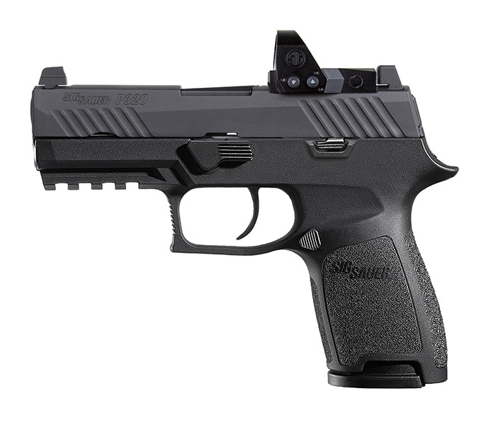 P320, 9MM, 3.9IN, NITRON, BLK, STRIKER, CONTRAST, MOD POLY GRIP, (2) 10RD STEEL MAG, ROMEO1PRO, RAIL