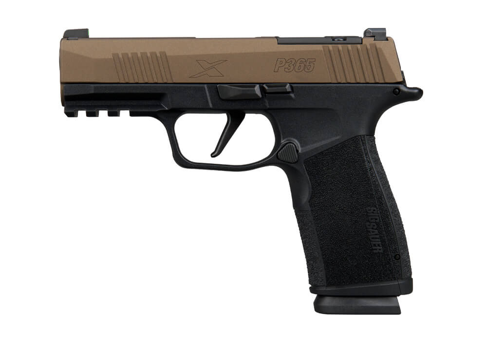 [["P365, 9MM, 3.7IN, X-SERIES, 2-TONE BRONZE, STRIKER, X-RAY 3 OPTIC READY,"," BLK POLYMER GRIP, (2) 17RD STEEL MAG, FRDM"]]