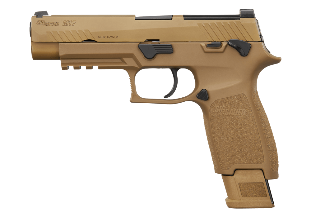 M17, 9MM, 4.7IN, COYOTE, STRIKER, SIGLITE, MODULAR POLYMER GRIP, (3) 10RD MAG, RAIL, MANUAL SAFETY, MA COMPLIANT
