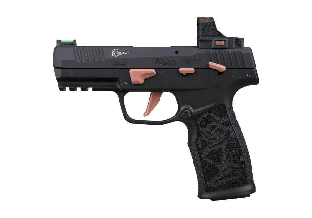 P322, 22 LR, 4IN, ROSE, BLK, SAO, FIBER OPTIC SIGHT, POLYMER GRIP, (3) 20RD POLY MAG, ROSE RS, SAVIOR BAG