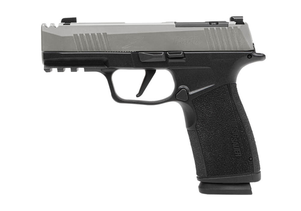 P365, 9MM, 3.1IN, COMP, 2-TONE STAINLESS, STRIKER, X-RAY 3, BLK POLYMER GRIP, (2) 17RD STEEL MAG, OPTIC READY