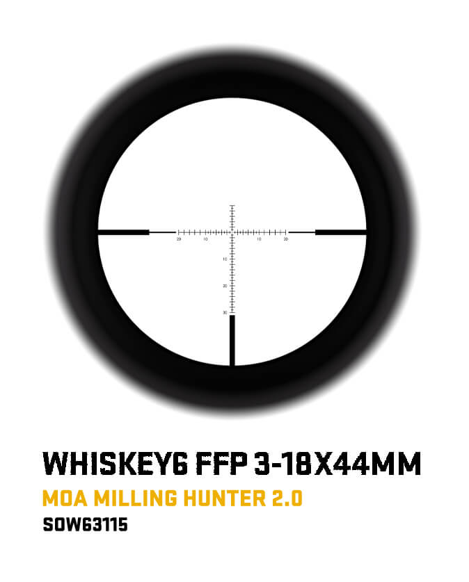 WHISKEY6 SCOPE, 3-18X44MM, 30MM, FFP, MOA MILLING HUNTER 2.0, LOCKING 0.25 MOA ADJ, BLACK
