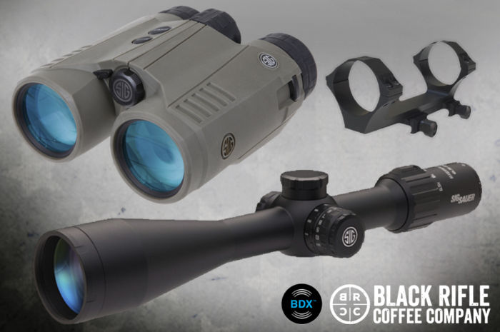 The total “Big Game Giveaway” package: award-winning SIG SAUER Electro-Optics BDX System including a SIERRA3BDX 6.5-20x52mm riflescope, KILO3000 BDX Rangefinder Binoculars, and an ALPHA2 Mount.