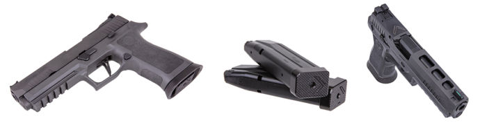 Two SIG SAUER P320 XFIVE pistols with a stack of two magazines between them