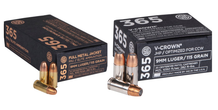 Two boxes of SIG 365 Ammunition, 115gr 9mm SIG V-Crown and SIG FMJ