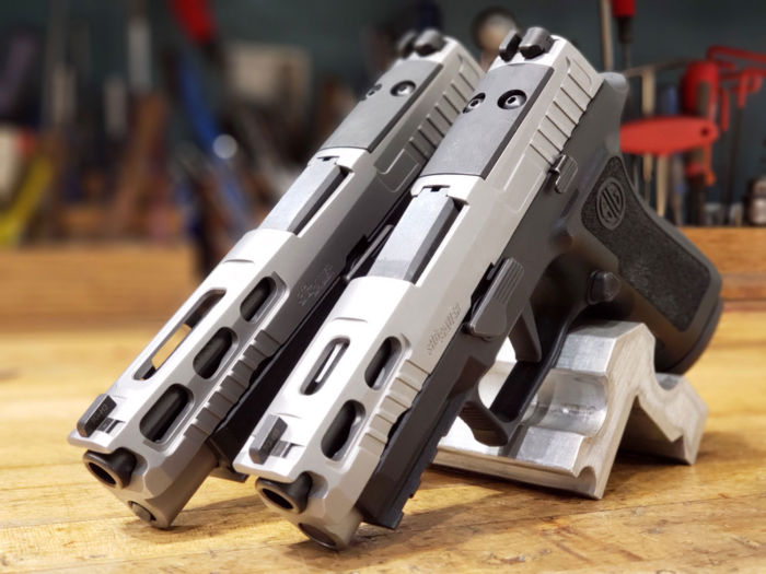Two SIG P320 pistols at an angled view to show the PRO-CUT Slide Assembly