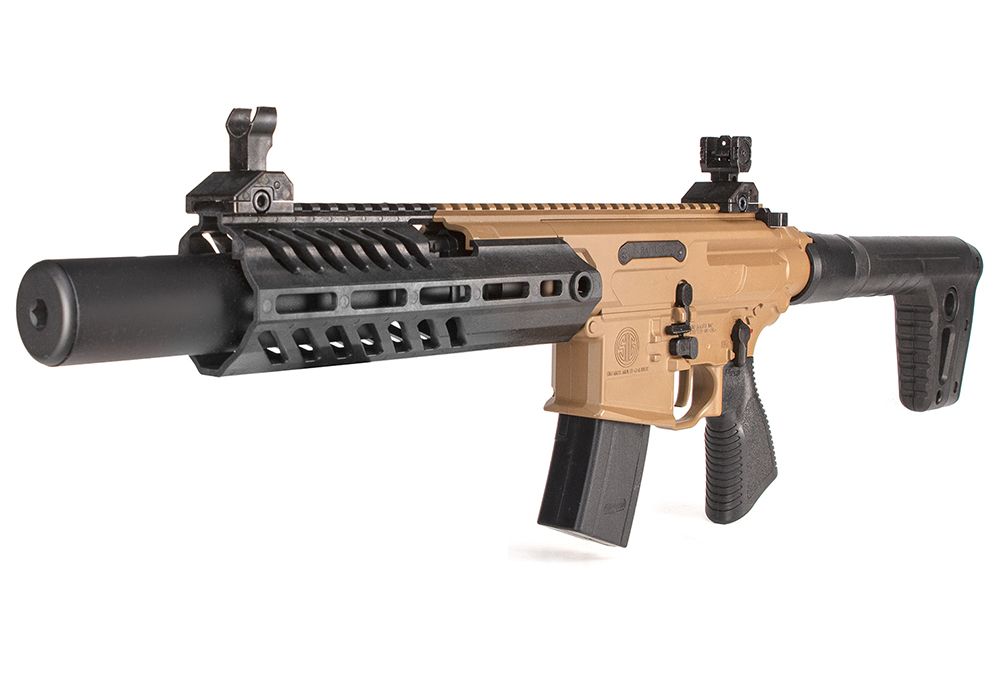 SIG SAUER MCX Rattler Canebrake CO2 pellet rifle for training, practice and varmint control, CO2 model with flip-up sights, 30 round magazine and muzzle velocity up to 600 fps.