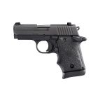 "The P938 BRG MICRO-COMPACT pistol: A compact and reliable firearm boasting a stylish and ergonomic black rubber grip for enhanced control and comfort."