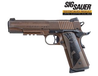 SIG SAUER 1911 Spartan II Full-Size .45ACP limited edition classic with distressed coyote finish, MOLON LABE engraved slide & custom inlaid Spartan helmet detailing.