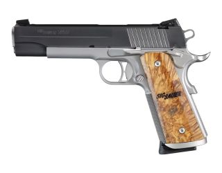 The SIG SAUER 1911 STX non-railed pistol features a Nitron slide over a natural stainless frame. Beautiful custom wood grips make the SIG STX unique.