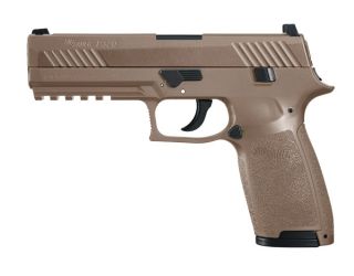 Train with this .177 pellet, CO2, coyote tan P320 replica pistol with muzzle velocity up to 430fps, low audible profile and radically less expensive ammunition.