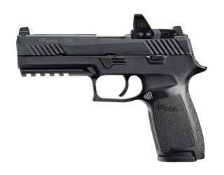 "The P320 RXP FULL-SIZE pistol: A high-performance firearm equipped with an integrated reflex sight, offering exceptional accuracy and ease of target acquisition."