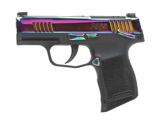 "Introducing the Sig Sauer P365 380 RAINBOW Pistol, a vibrant and unique firearm captured in this image. The P365 380 RAINBOW features a striking rainbow finish, adding a colorful flair to its compact design. With its ergonomic grip and advanced features,