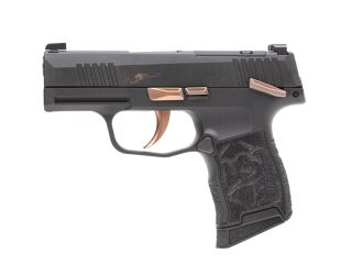 "Introducing the Sig Sauer P365-380 ROSE Pistol, a blend of elegance and performance captured in this image. The P365-380 ROSE edition seamlessly combines Sig Sauer's precision engineering with refined aesthetics, featuring rose gold accents. With the com