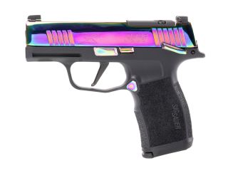 "Presenting the Sig Sauer P365X RAINBOW Pistol, a stunning blend of artistry and performance captured in this image. The P365X RAINBOW boasts a unique and vibrant rainbow finish, showcasing Sig Sauer's innovative approach to firearm design. With its compa