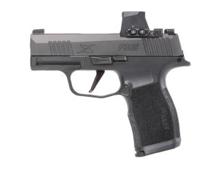 "Introducing the Sig Sauer P365X ROMEO-X Pistol, a compact powerhouse of innovation and precision captured in this image. This pistol features an integrated ROMEO-X red dot sight, providing rapid target acquisition and enhanced accuracy. With its sleek de