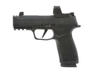 The Sig Sauer P365-XMACRO COMP ROMEOZERO ELITE Pistol, a compact powerhouse of precision and innovation captured in this image. Featuring the integrated ROMEOZERO ELITE red dot sight.