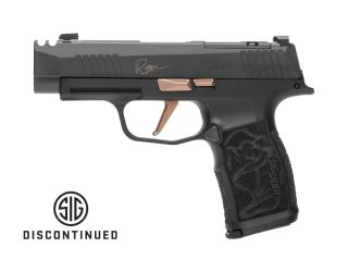 "Presenting the Sig Sauer P365-XL COMP ROSE Pistol, a sophisticated blend of precision and elegance captured in this image. The P365-XL COMP ROSE edition features rose gold accents, adding a touch of refinement to its extended frame design."