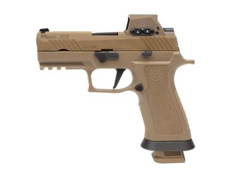 "Unveiling the Sig Sauer M18X pistol, a cutting-edge firearm showcased in this image. The M18X combines modern design with tactical excellence, embodying Sig Sauer's commitment to innovation. With its sleek lines and enhanced features, this pistol deliver