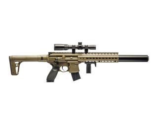 SIG SAUER MCX .177 caliber pellet gun delivers 30 rounds of rapid-fire with 1-4x24 rifle scope and FDE stock | SIG SAUER MCX CO2 powered replica, 177 air rifle.