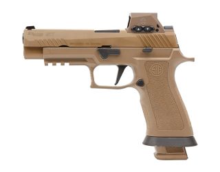 "Introducing the Sig Sauer M17X pistol, a symbol of cutting-edge design and performance, as captured in this captivating image. The M17X exemplifies Sig Sauer's dedication to innovation, combining a sleek aesthetic with tactical excellence. With its advan