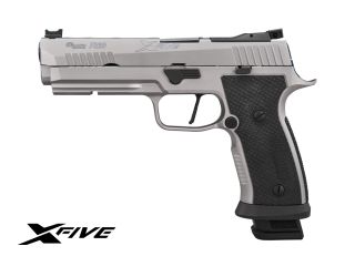 "The P320-XFIVE SXG pistol: A competition-ready firearm featuring Sig Sauer's innovative SXG grip module for enhanced control and precision, designed to elevate your performance on the range."