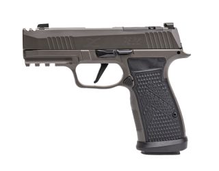 "Behold the Sig Sauer P365-AXG LEGION pistol, a pinnacle of craftsmanship and performance showcased in this image. The P365-AXG LEGION seamlessly marries the precision engineering of Sig Sauer with the elite features of the LEGION series. With its enhance