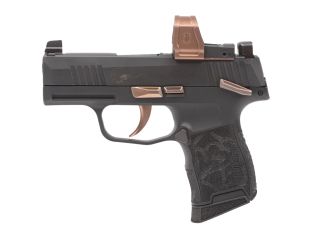 "Behold the Sig Sauer P365 ROSE 380 AUTO pistol, a blend of elegance and performance captured in this image. The P365 ROSE edition showcases Sig Sauer's commitment to precision engineering and attention to detail."