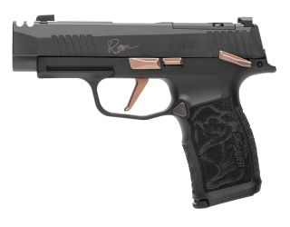 "Presenting the Sig Sauer P365-XL COMP ROSE Pistol, a sophisticated blend of precision and elegance captured in this image. The P365-XL COMP ROSE edition features rose gold accents, adding a touch of refinement to its extended frame design. With its advan