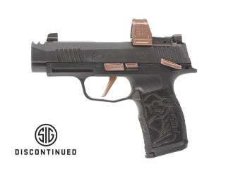 "Introducing the Sig Sauer P365-XL ROSE COMP ROMEOZERO ELITE pistol, a pinnacle of performance and sophistication captured in this image. The P365-XL ROSE edition seamlessly combines the extended features of the XL series with the elegance of rose gold ac