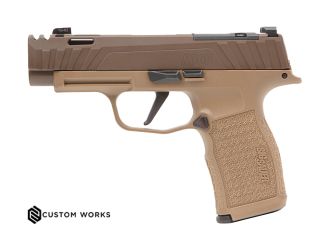 "Introducing the Sig Sauer P365XL SPECTRE COMP COYOTE Pistol, a versatile and powerful firearm captured in this image. The P365XL SPECTRE COMP COYOTE features a coyote tan finish, complemented by the advanced SPECTRE Compensator for enhanced control and a
