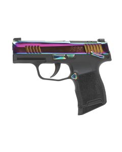 "Introducing the Sig Sauer P365 380 RAINBOW Pistol, a vibrant and unique firearm captured in this image. The P365 380 RAINBOW features a striking rainbow finish, adding a colorful flair to its compact design. With its ergonomic grip and advanced features,