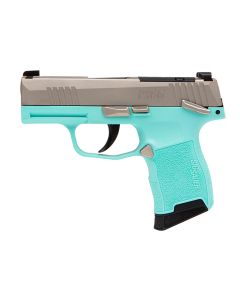 "Behold the Sig Sauer P365 ROBINS EGG BLUE Pistol, a striking combination of style and performance captured in this image. The P365 boasts a unique Robins Egg Blue finish, adding a vibrant touch to its compact design. With its ergonomic grip and advanced 