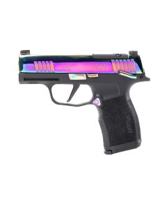 "Presenting the Sig Sauer P365X RAINBOW Pistol, a stunning blend of artistry and performance captured in this image. The P365X RAINBOW boasts a unique and vibrant rainbow finish, showcasing Sig Sauer's innovative approach to firearm design. With its compa