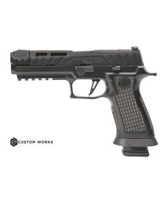 "The P320 SPECTRE COMP BLACKOUT pistol: A tactical powerhouse featuring advanced compensator technology for superior control and accuracy in low-light conditions."