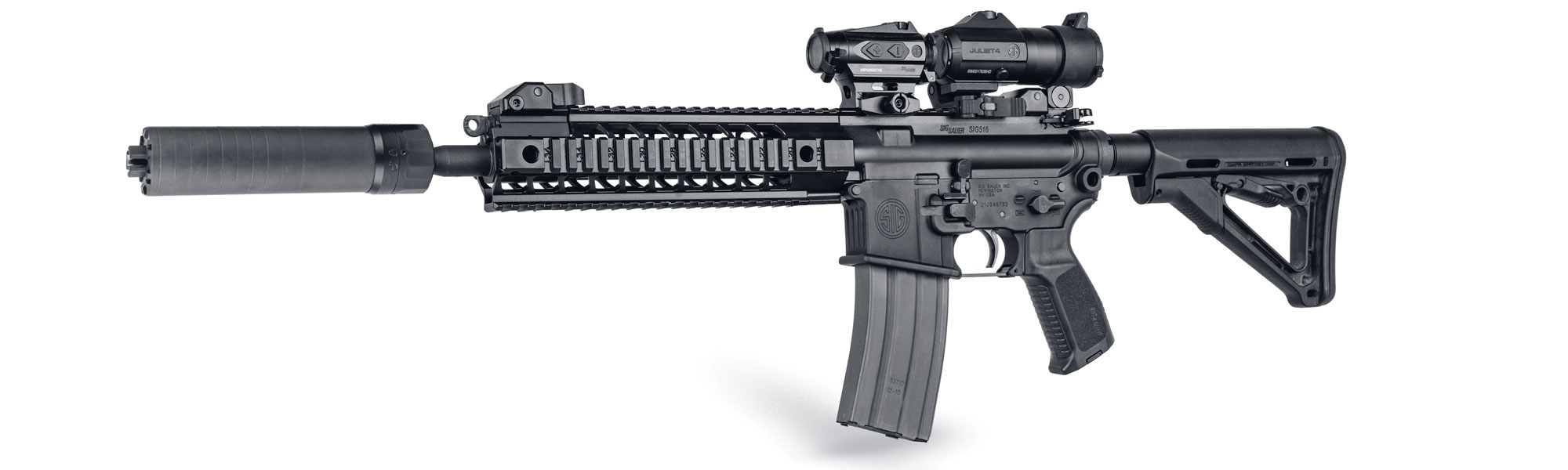 The SIG 516 G2 is featured with mounted optic, magnifier and suppressor. 
