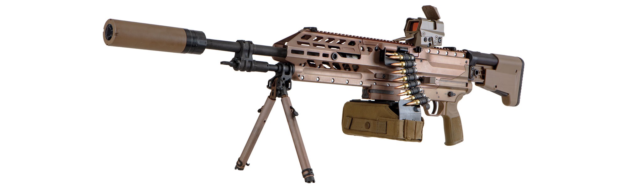 The NGSW-AR is featured propped on its mount with sound suppressor, reflex optic and ammo pouch.