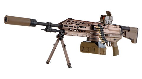 NGSW-AR depicted with mount stand, suppressor device, optics reflex sight and ammo fed from an attached pouch. 