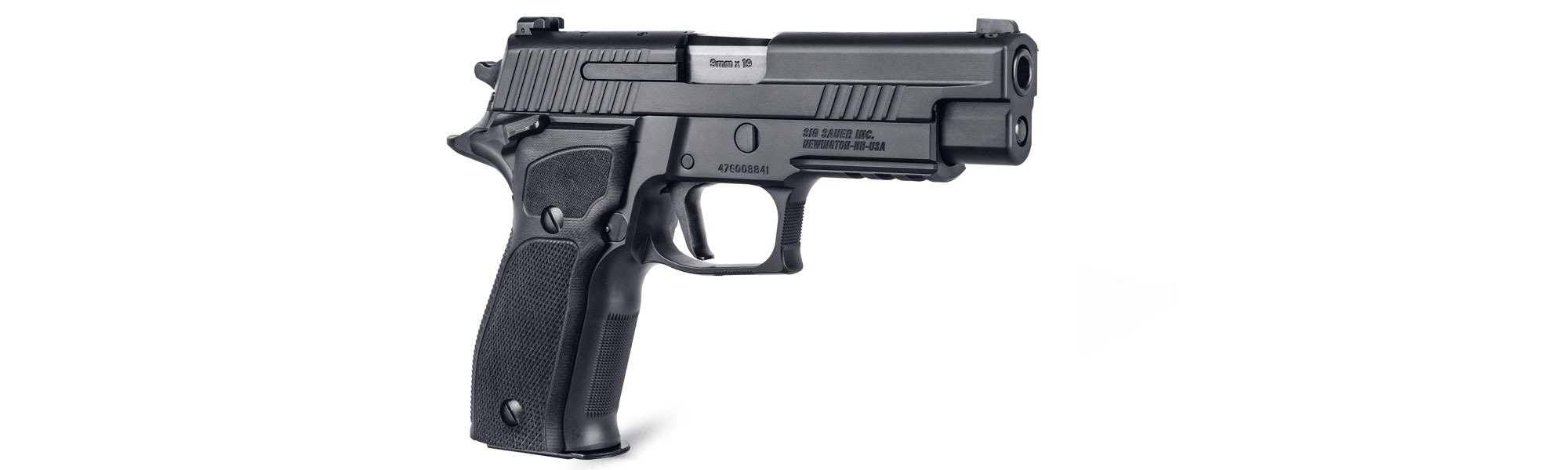 The P226 Legion is featured as a 9mm, full size pistol.