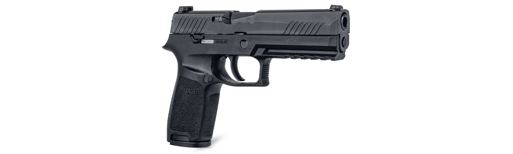 The P320 pistol is featured.