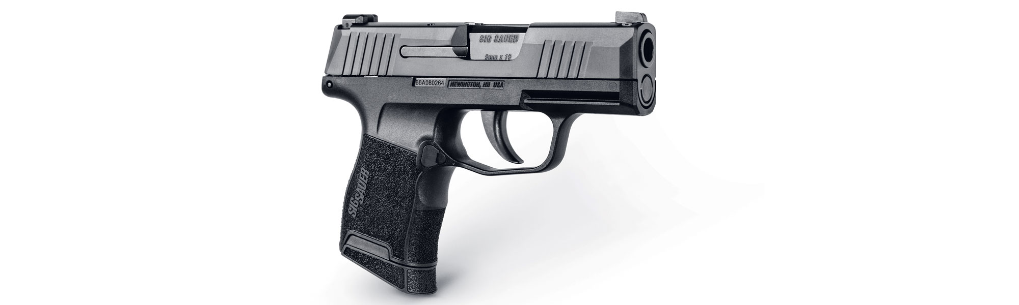 The P365 micro-compact pistol is featured to show its concealable size and high capacity.