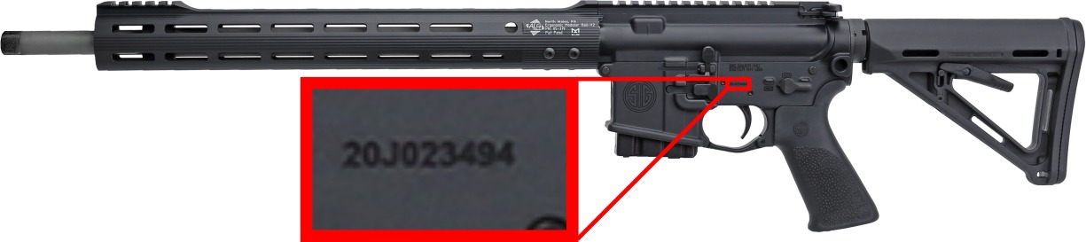 SIG SAUER rifle with the expanded depiction of the serial number where it is stamped into the left side of the lower receiver.