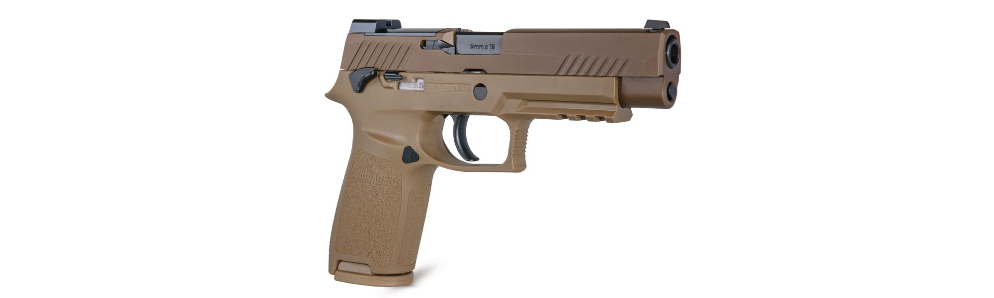 The M17 pistol is featured as a coyote tan civilian version.