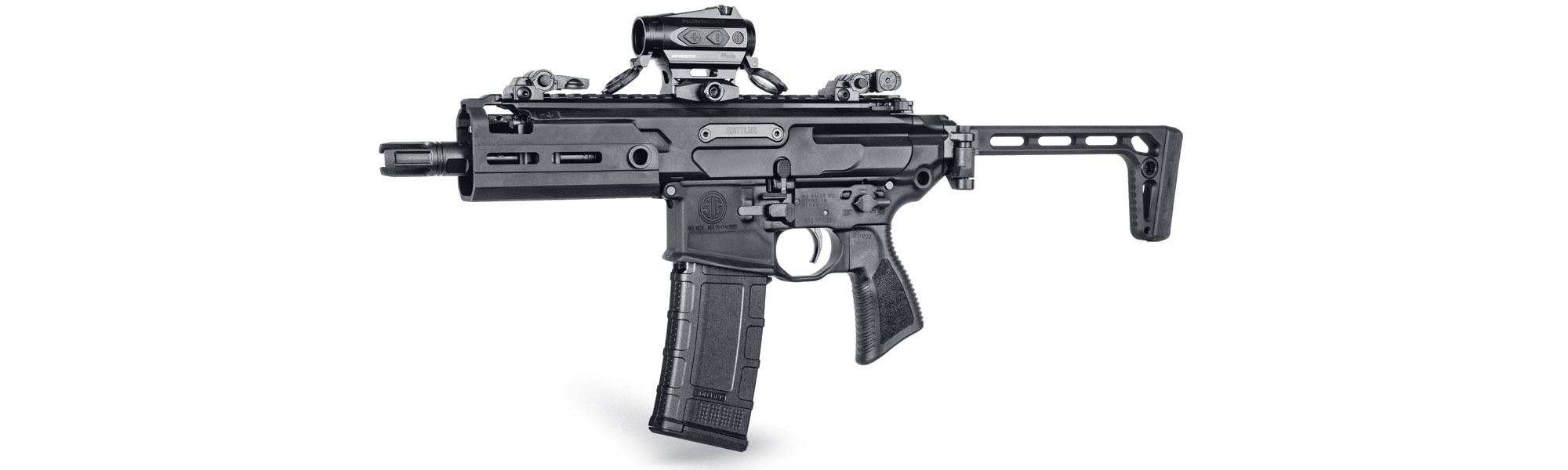 The SIG MCX Rattler is depicted with a mounted red dot optic and the folding stock. 