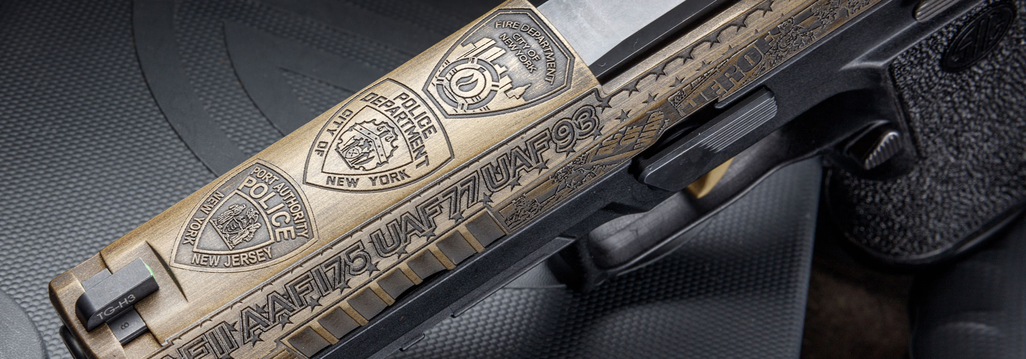 Guns & Ammo/SIG SAUER P320 FCU “Never Forget 9/11 Tribute” Pistol slide top view engravings