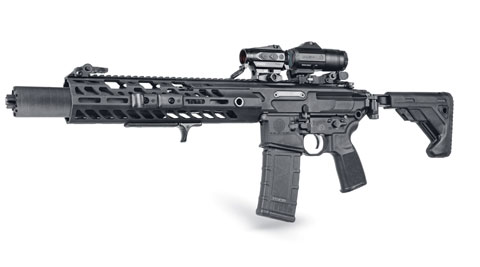 The SIG MCX is shown with magnifies and closed red dot optic. 