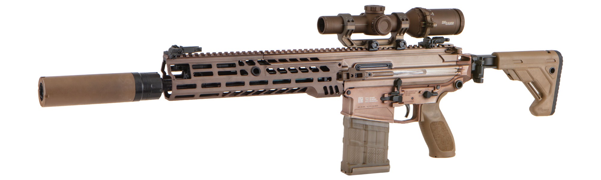 The MCX Spear is featured with suppressor and rifle scope.